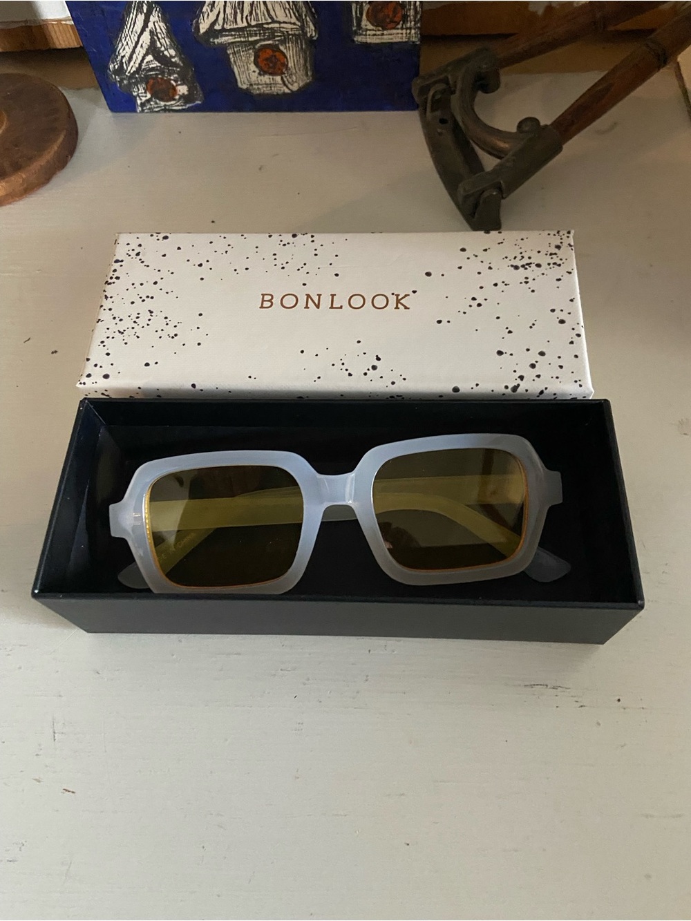 Women’s Frosted White Rectangle Sunglasses with Amber Lenses
